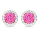 Round Halo Stud Earrings with Pink Sapphire and Diamond Pink Sapphire - ( AAA ) - Quality - Rosec Jewels