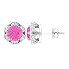 Classic Flower Stud Earrings with Round Pink Sapphire and Diamond Pink Sapphire - ( AAA ) - Quality - Rosec Jewels