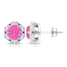 Classic Flower Stud Earrings with Round Pink Sapphire and Diamond Pink Sapphire - ( AAA ) - Quality - Rosec Jewels