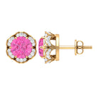 Classic Flower Stud Earrings with Round Pink Sapphire and Diamond Pink Sapphire - ( AAA ) - Quality - Rosec Jewels