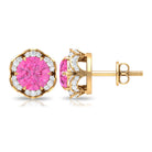 Classic Flower Stud Earrings with Round Pink Sapphire and Diamond Pink Sapphire - ( AAA ) - Quality - Rosec Jewels