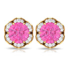 Classic Flower Stud Earrings with Round Pink Sapphire and Diamond Pink Sapphire - ( AAA ) - Quality - Rosec Jewels