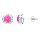 Antique Pink Sapphire and Diamond Halo Stud Earrings Pink Sapphire - ( AAA ) - Quality - Rosec Jewels