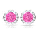 Antique Pink Sapphire and Diamond Halo Stud Earrings Pink Sapphire - ( AAA ) - Quality - Rosec Jewels