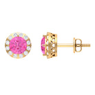 Antique Pink Sapphire and Diamond Halo Stud Earrings Pink Sapphire - ( AAA ) - Quality - Rosec Jewels