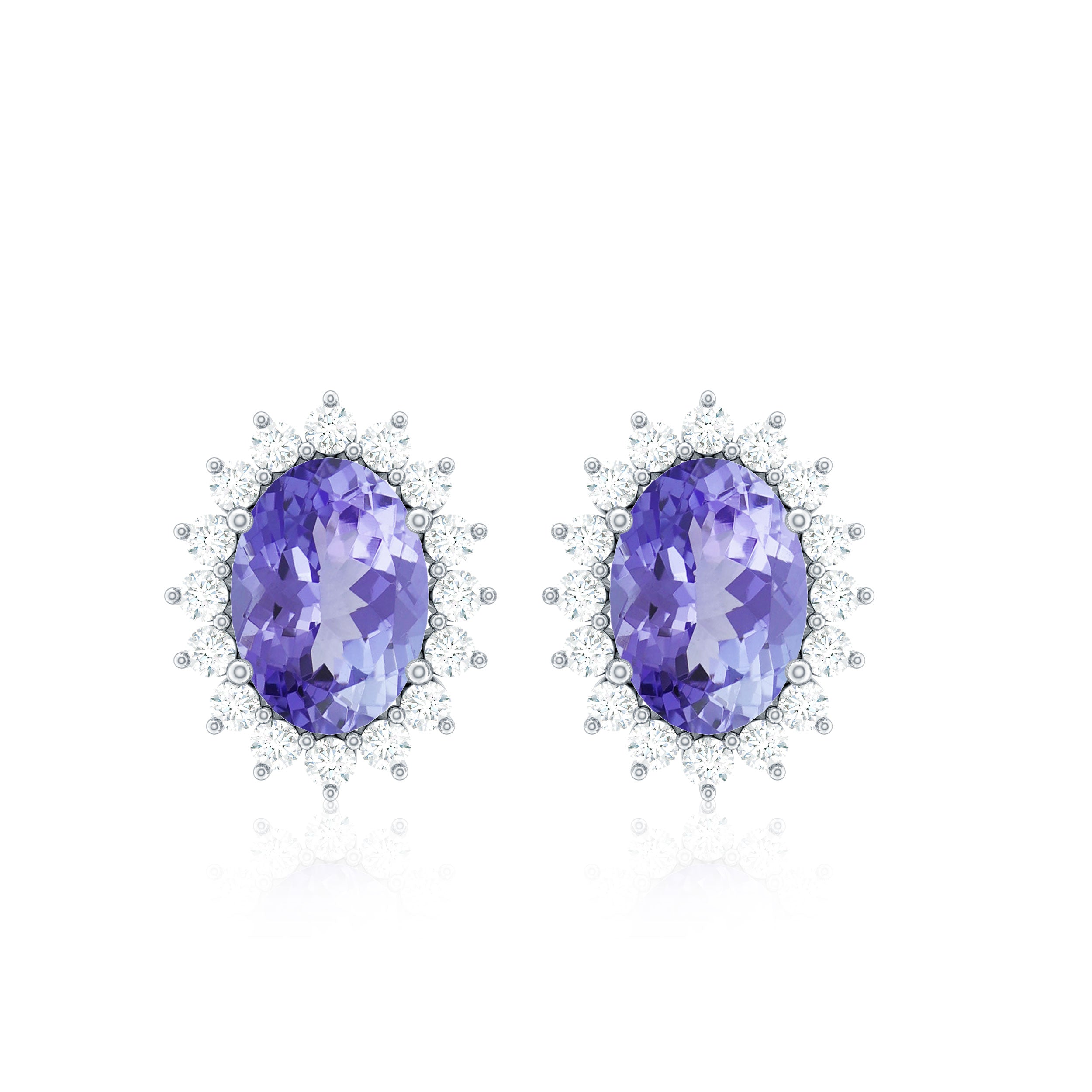 Real Oval Tanzanite and Diamond Halo Stud Earrings Tanzanite - ( AAA ) - Quality - Rosec Jewels