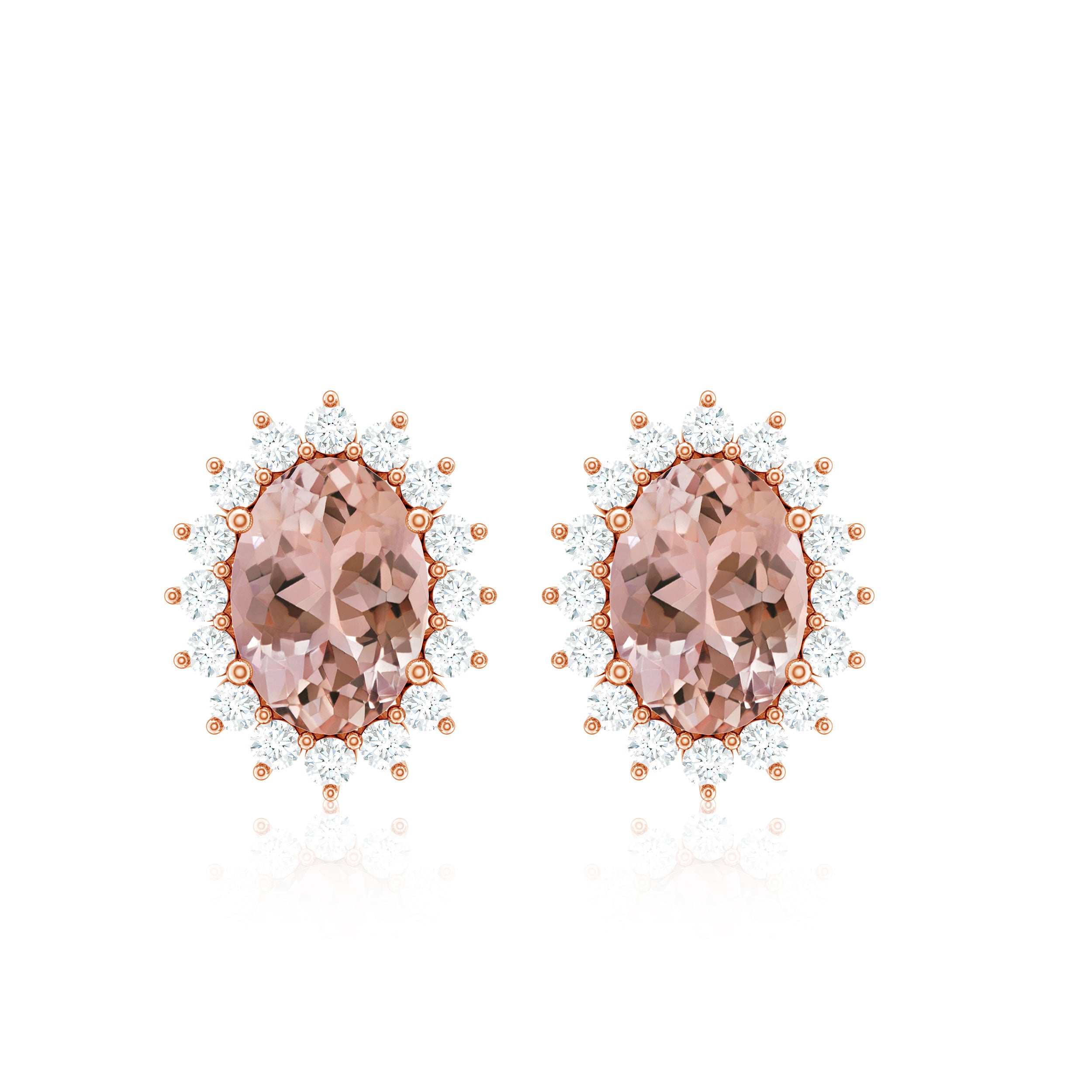 Oval Morganite and Diamond Classic Halo Stud Earrings Morganite - ( AAA ) - Quality - Rosec Jewels