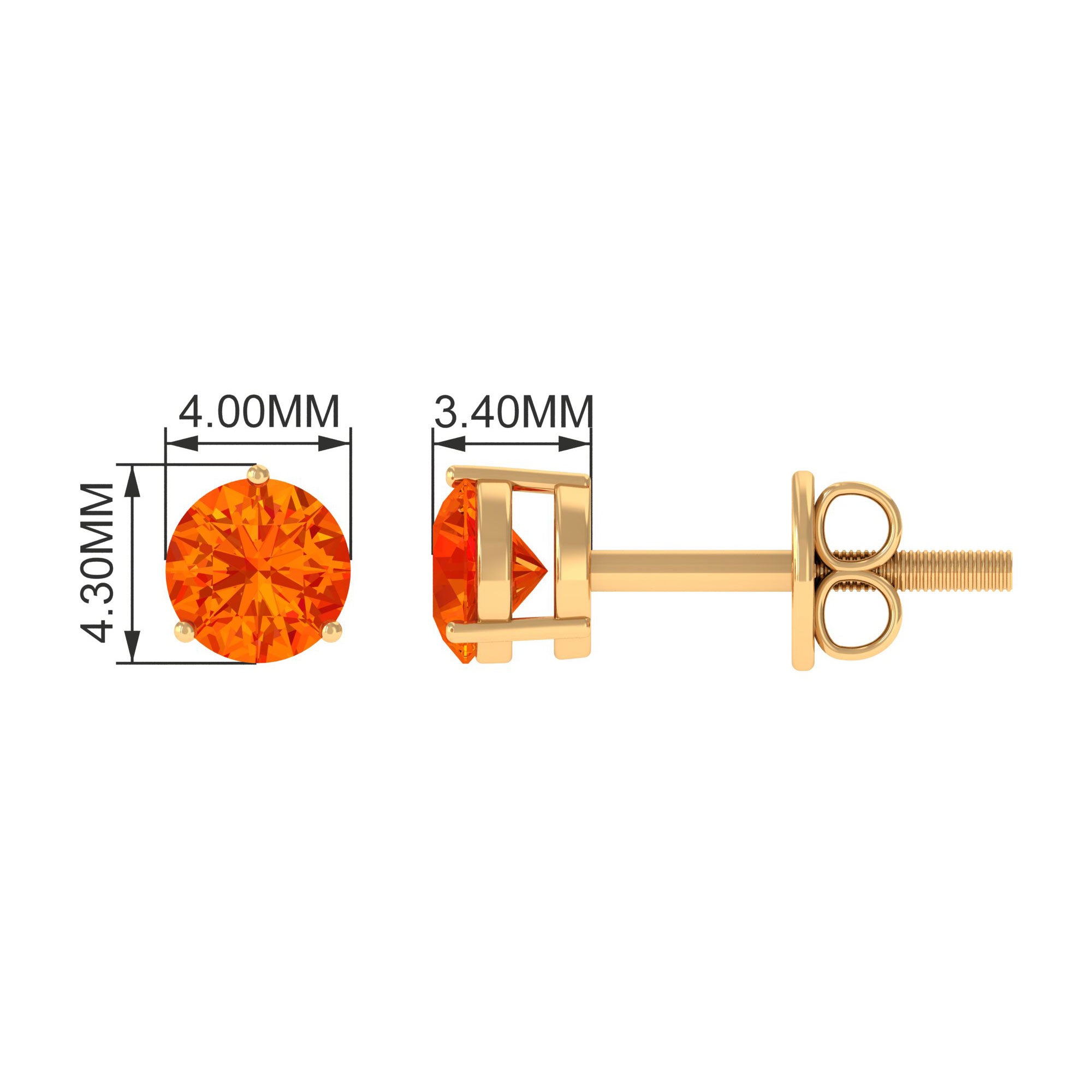 4 MM Round Shape Genuine Orange Sapphire Minimal Solitaire Stud Earrings Orange Sapphire - ( AAA ) - Quality - Rosec Jewels