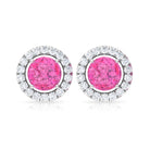 Halo Stud Earrings with Genuine Pink Sapphire and Diamond Pink Sapphire - ( AAA ) - Quality - Rosec Jewels