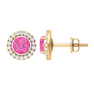 Halo Stud Earrings with Genuine Pink Sapphire and Diamond Pink Sapphire - ( AAA ) - Quality - Rosec Jewels