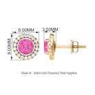 Halo Stud Earrings with Genuine Pink Sapphire and Diamond Pink Sapphire - ( AAA ) - Quality - Rosec Jewels