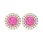 Halo Stud Earrings with Genuine Pink Sapphire and Diamond Pink Sapphire - ( AAA ) - Quality - Rosec Jewels