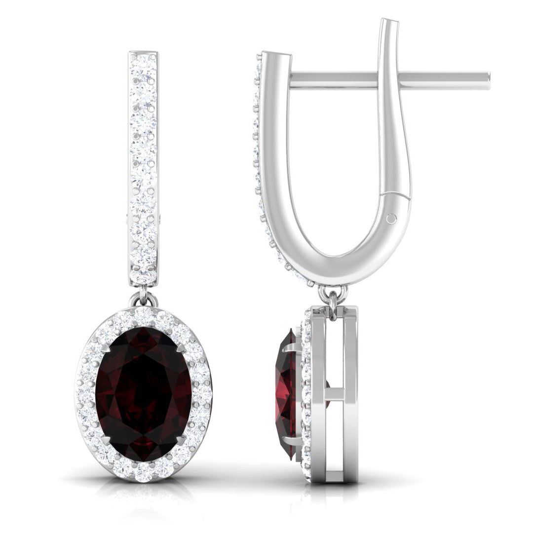 3.5 CT Oval Garnet and Diamond J Hoop Drop Earrings Garnet - ( AAA ) - Quality - Rosec Jewels