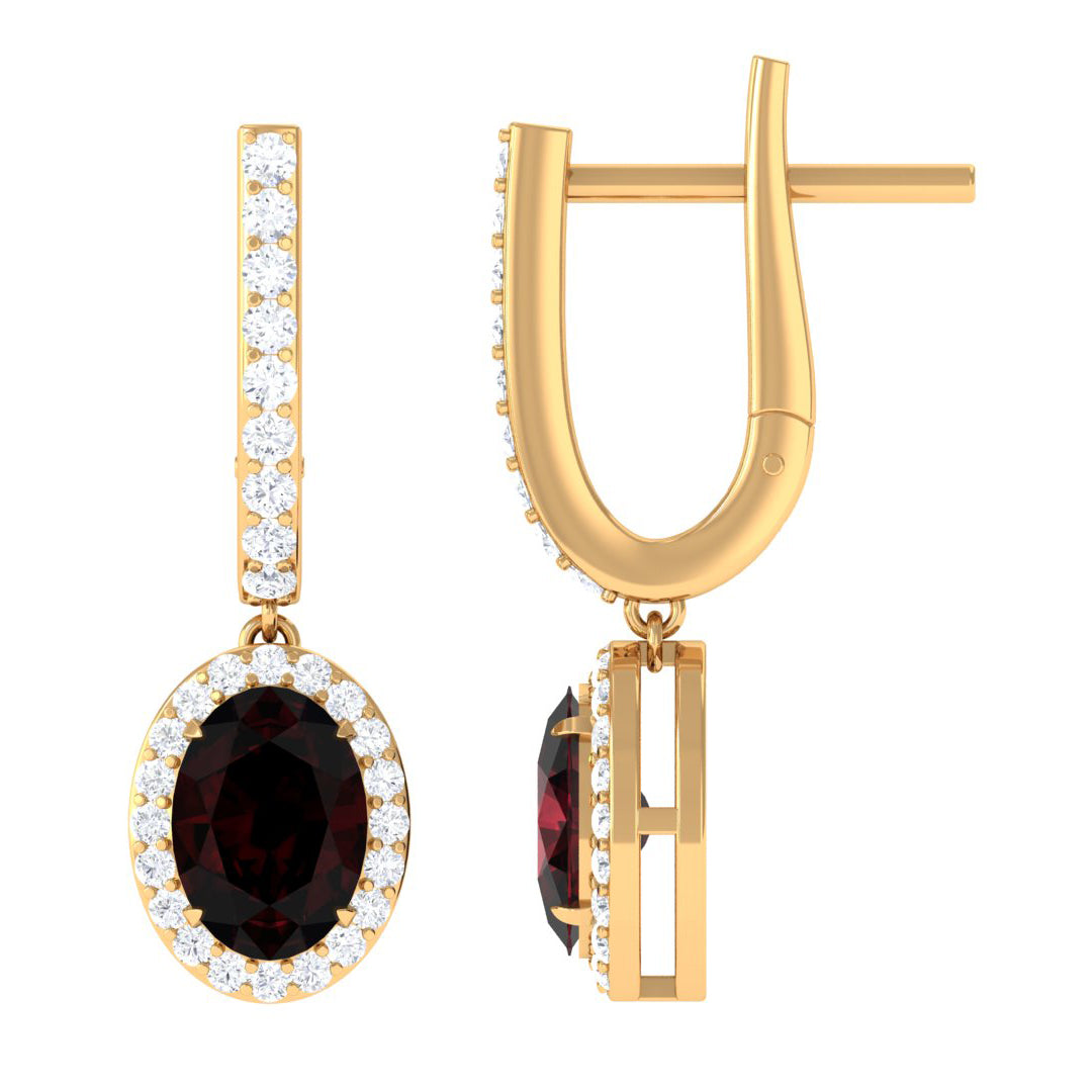 3.5 CT Oval Garnet and Diamond J Hoop Drop Earrings Garnet - ( AAA ) - Quality - Rosec Jewels