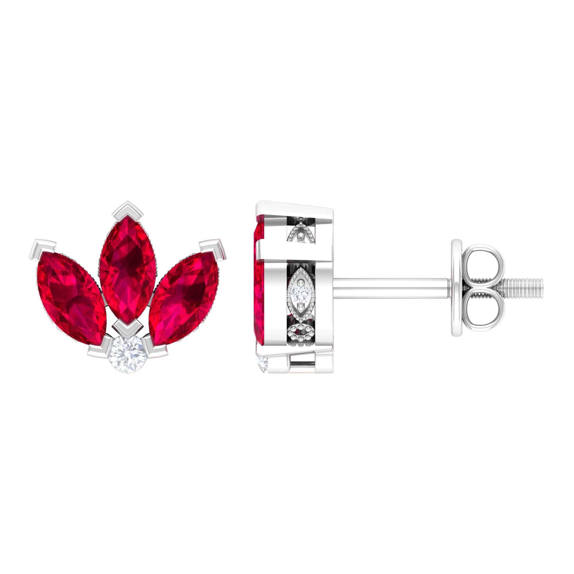 Marquise Cut Lab Grown Ruby Flower Stud Earrings with Diamond Lab Created Ruby - ( AAAA ) - Quality - Rosec Jewels