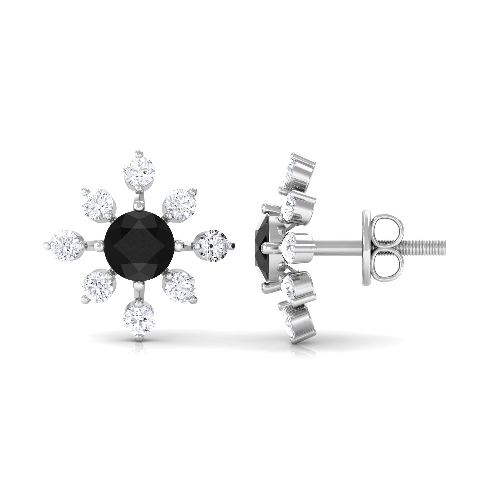 1 CT Black Onyx and Diamond Flower Stud Earrings Black Onyx - ( AAA ) - Quality - Rosec Jewels