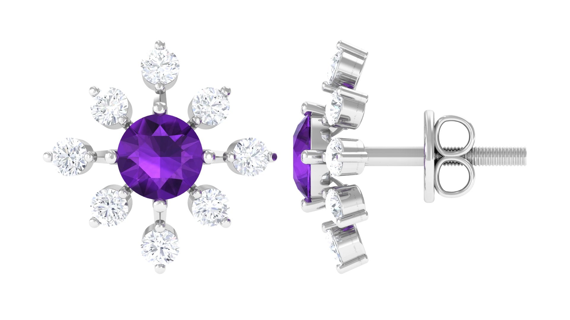 Minimal Amethyst Snowflake Stud Earrings with Diamond Amethyst - ( AAA ) - Quality - Rosec Jewels