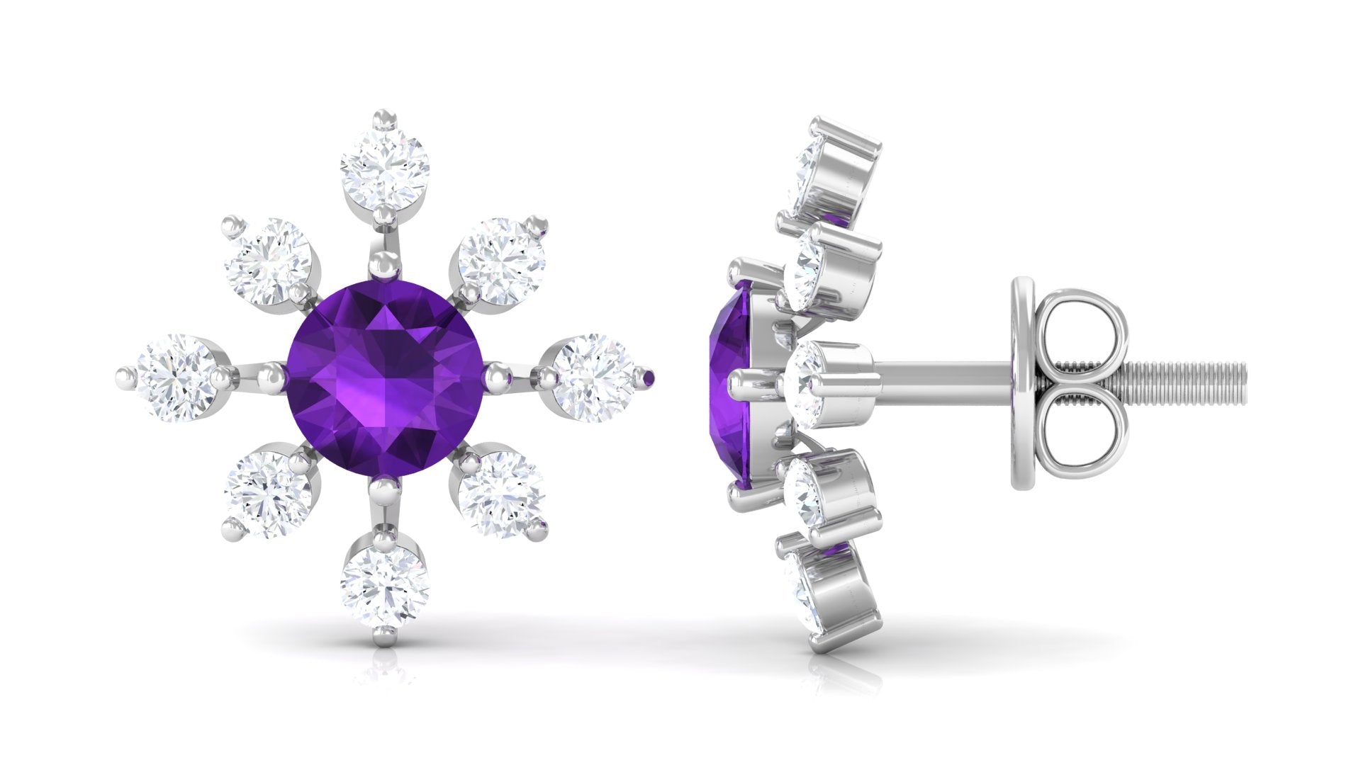 Minimal Amethyst Snowflake Stud Earrings with Diamond Amethyst - ( AAA ) - Quality - Rosec Jewels