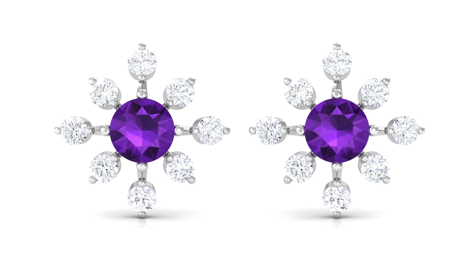 Minimal Amethyst Snowflake Stud Earrings with Diamond Amethyst - ( AAA ) - Quality - Rosec Jewels