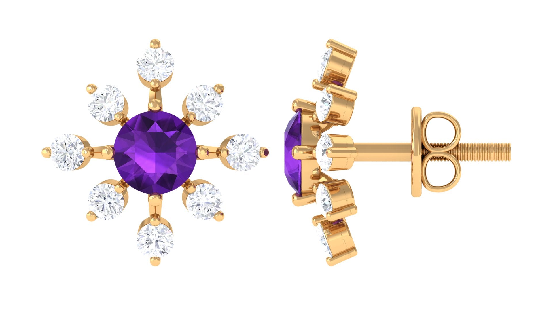 Minimal Amethyst Snowflake Stud Earrings with Diamond Amethyst - ( AAA ) - Quality - Rosec Jewels