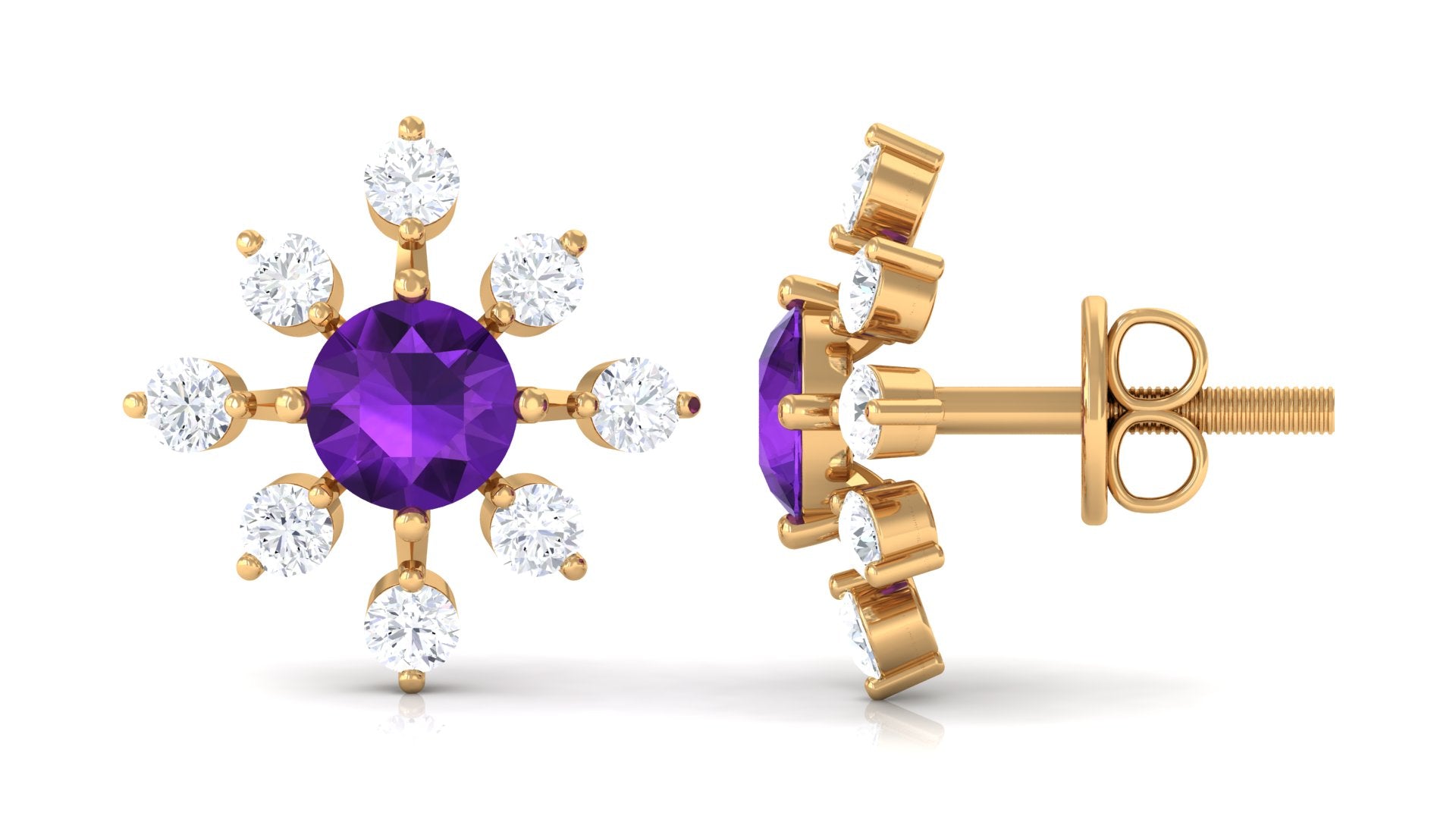 Minimal Amethyst Snowflake Stud Earrings with Diamond Amethyst - ( AAA ) - Quality - Rosec Jewels