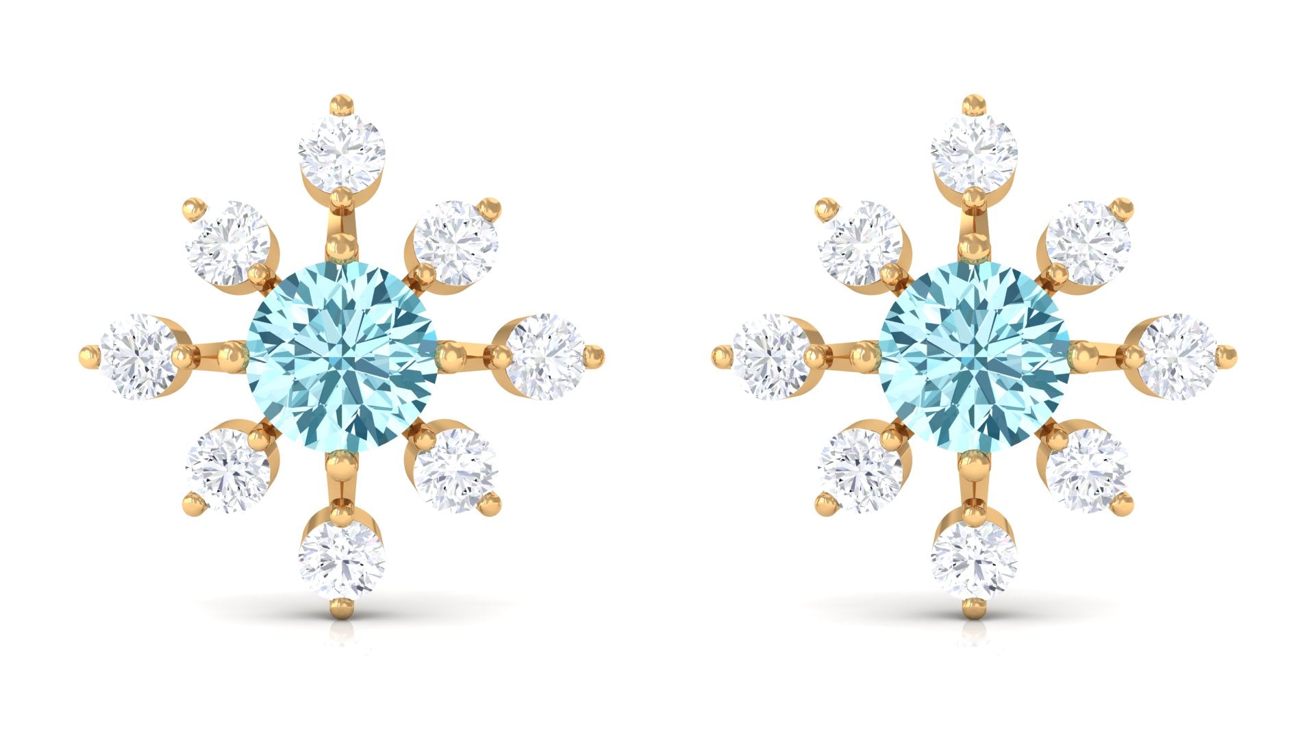 Minimal Snowflake Stud Earrings with Aquamarine and Diamond Aquamarine - ( AAA ) - Quality - Rosec Jewels