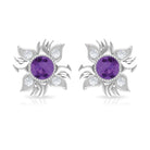 1/2 CT Round Shape Amethyst and Diamond Sunburst Stud Earrings Amethyst - ( AAA ) - Quality - Rosec Jewels