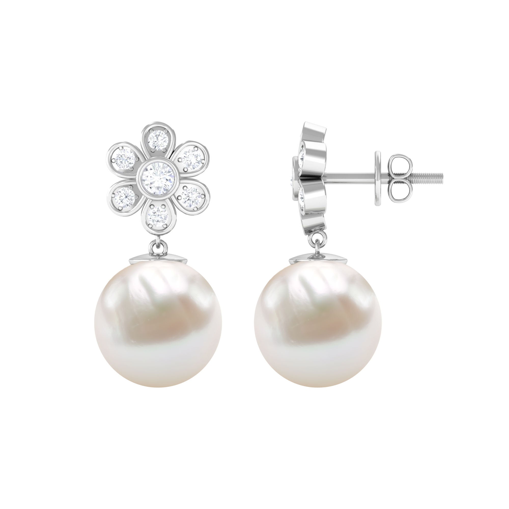 Freshwater Pearl Drop Earrings with Bezel Set Diamond Flower Freshwater Pearl - ( AAA ) - Quality - Rosec Jewels