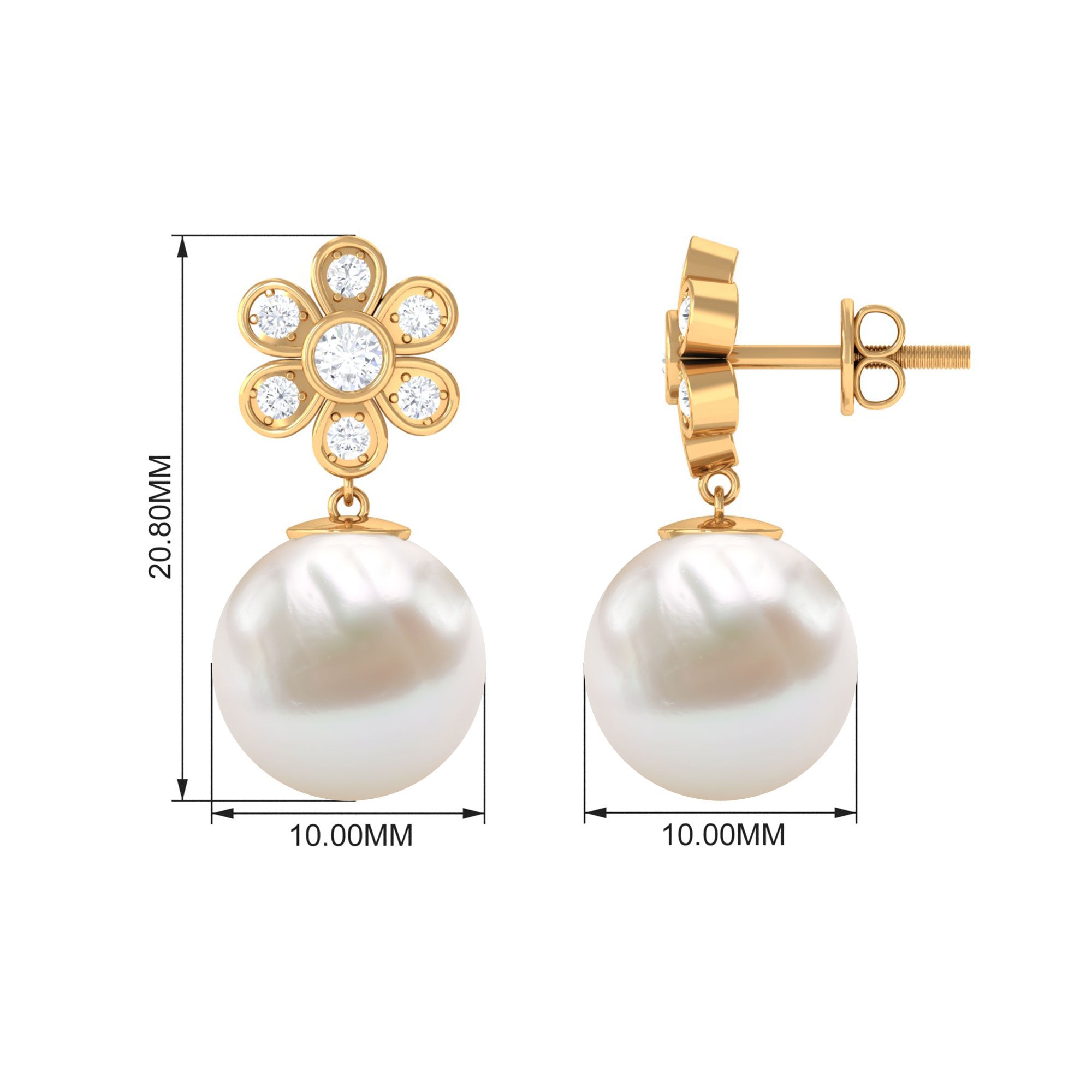 Freshwater Pearl Drop Earrings with Bezel Set Diamond Flower Freshwater Pearl - ( AAA ) - Quality - Rosec Jewels