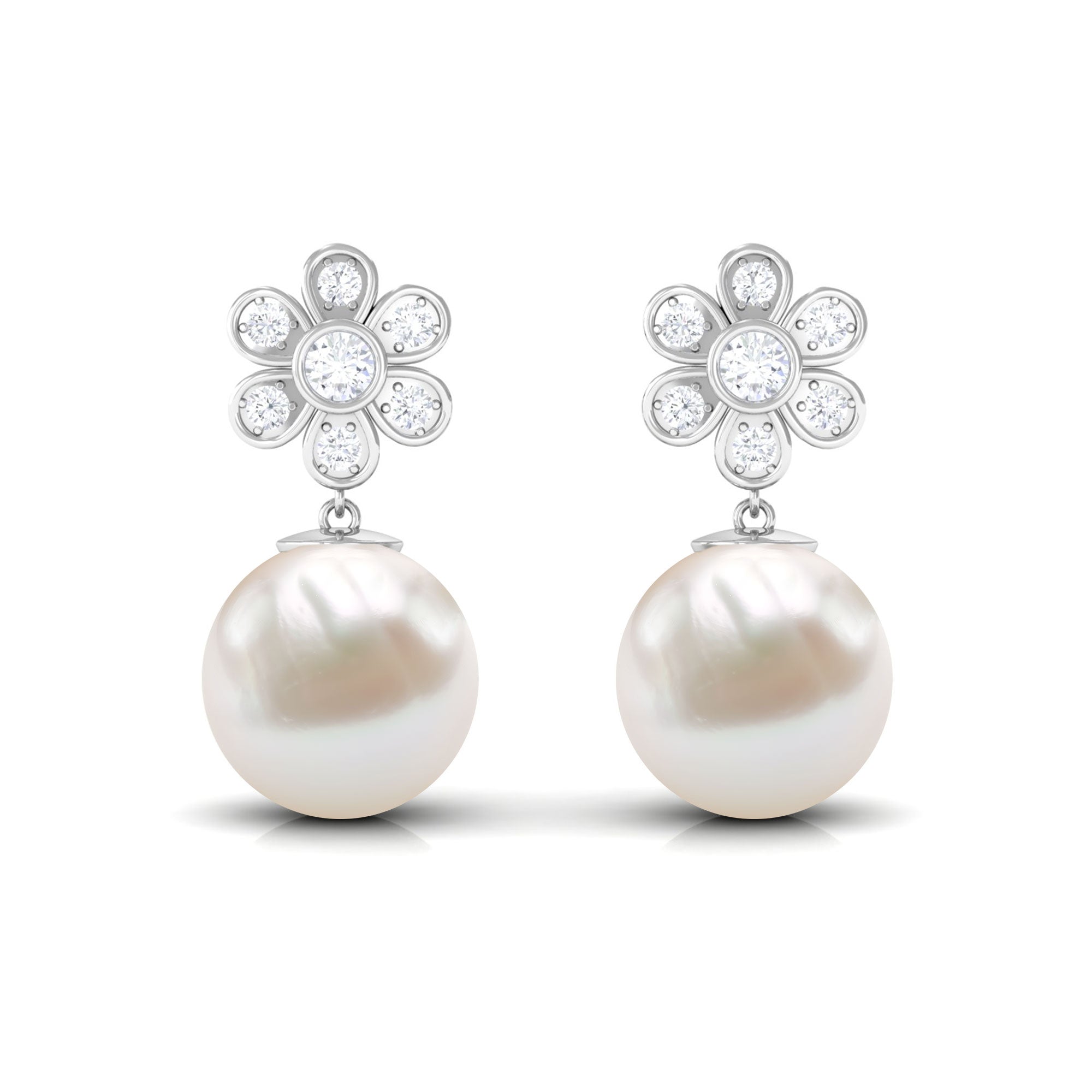 Freshwater Pearl Drop Earrings with Bezel Set Diamond Flower Freshwater Pearl - ( AAA ) - Quality - Rosec Jewels