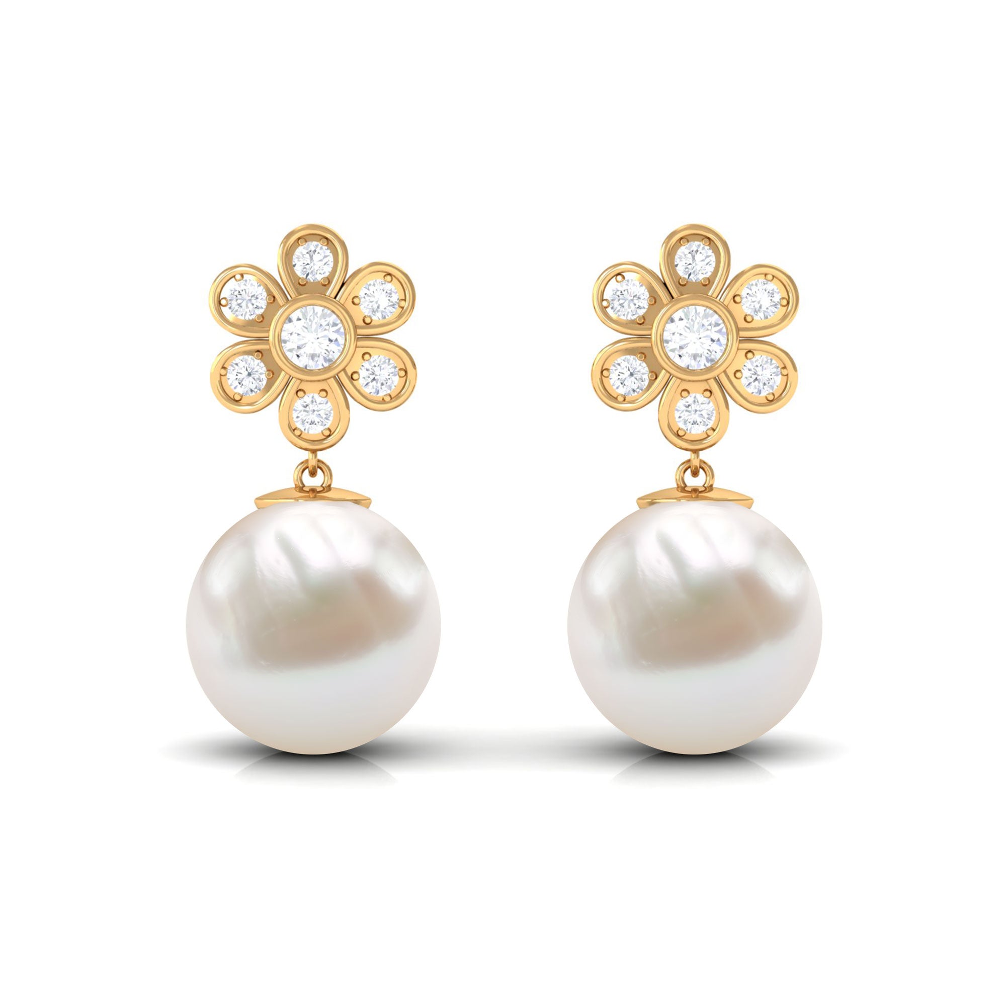 Freshwater Pearl Drop Earrings with Bezel Set Diamond Flower Freshwater Pearl - ( AAA ) - Quality - Rosec Jewels