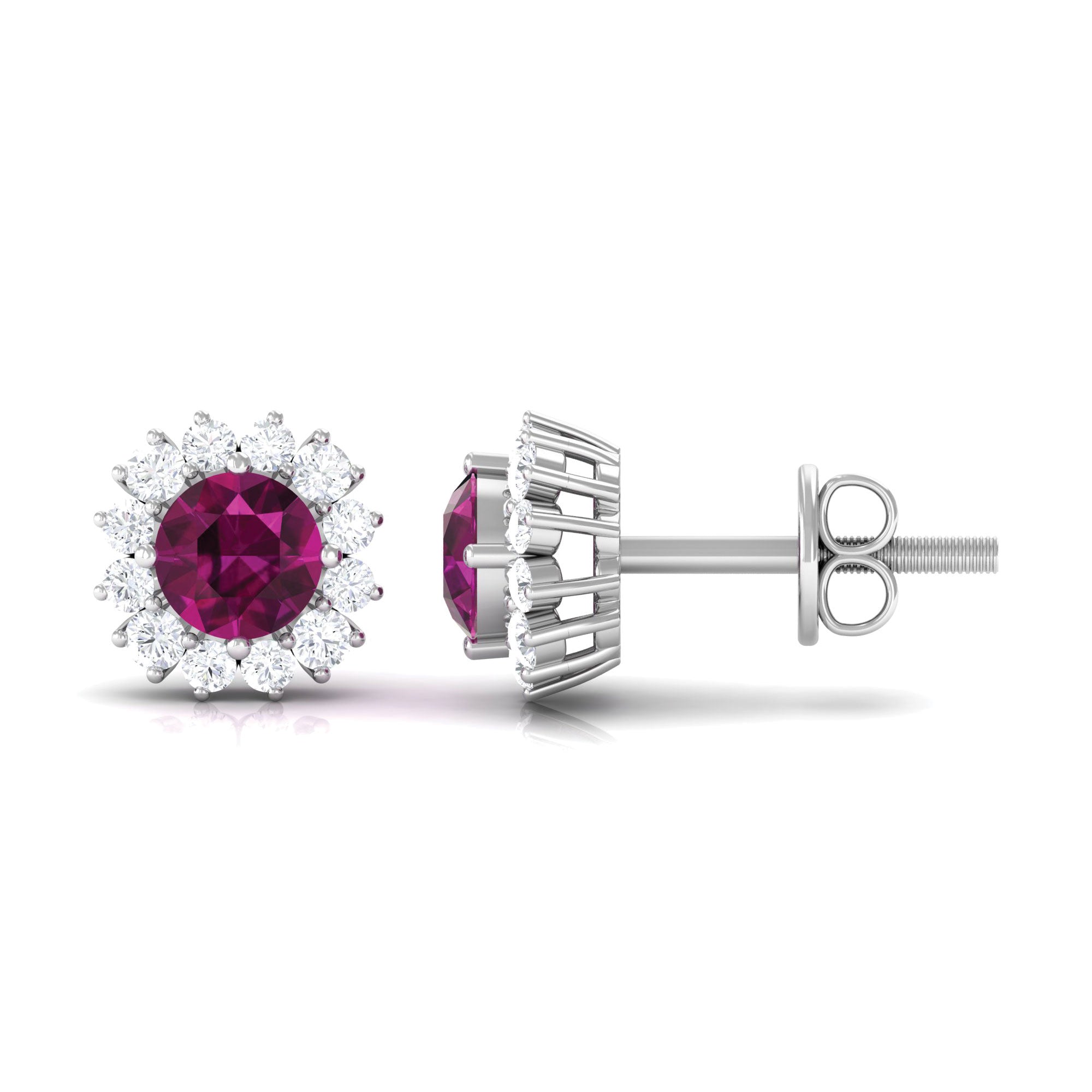 1 CT Classic Round Shape Rhodolite and Diamond Halo Stud Earrings Rhodolite - ( AAA ) - Quality - Rosec Jewels