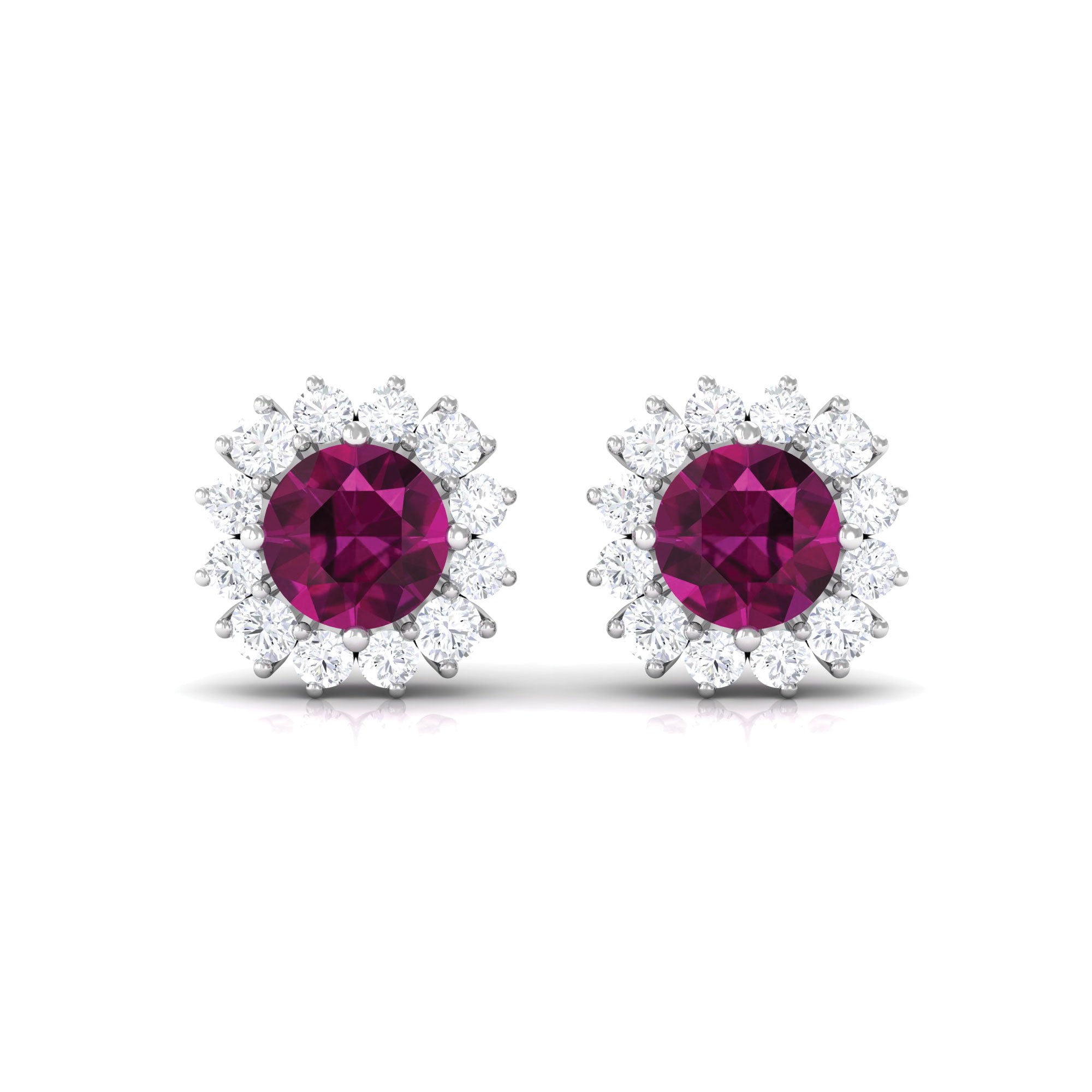 1 CT Classic Round Shape Rhodolite and Diamond Halo Stud Earrings Rhodolite - ( AAA ) - Quality - Rosec Jewels