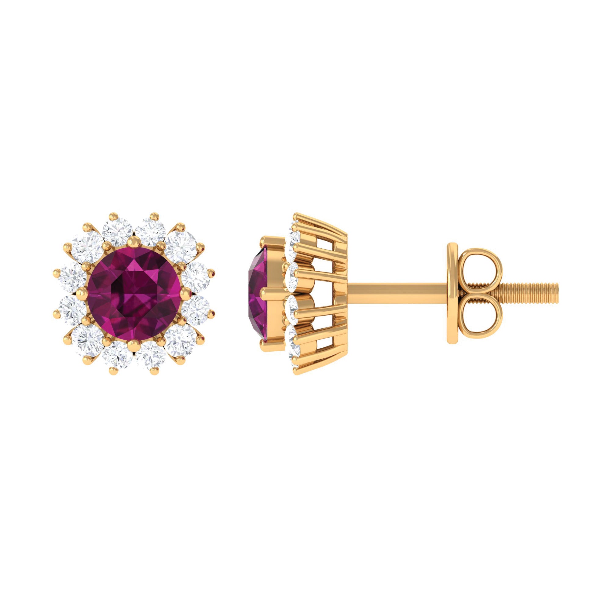 1 CT Classic Round Shape Rhodolite and Diamond Halo Stud Earrings Rhodolite - ( AAA ) - Quality - Rosec Jewels