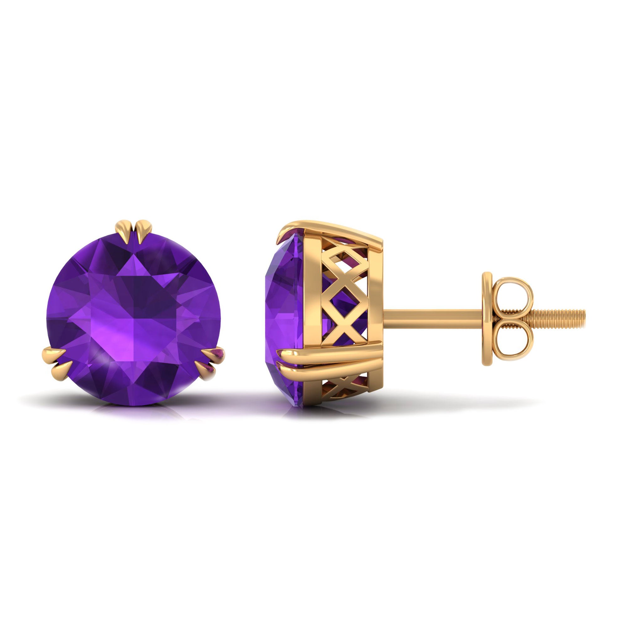 7 MM Round Amethyst Solitaire Stud Earrings in Gold Amethyst - ( AAA ) - Quality - Rosec Jewels