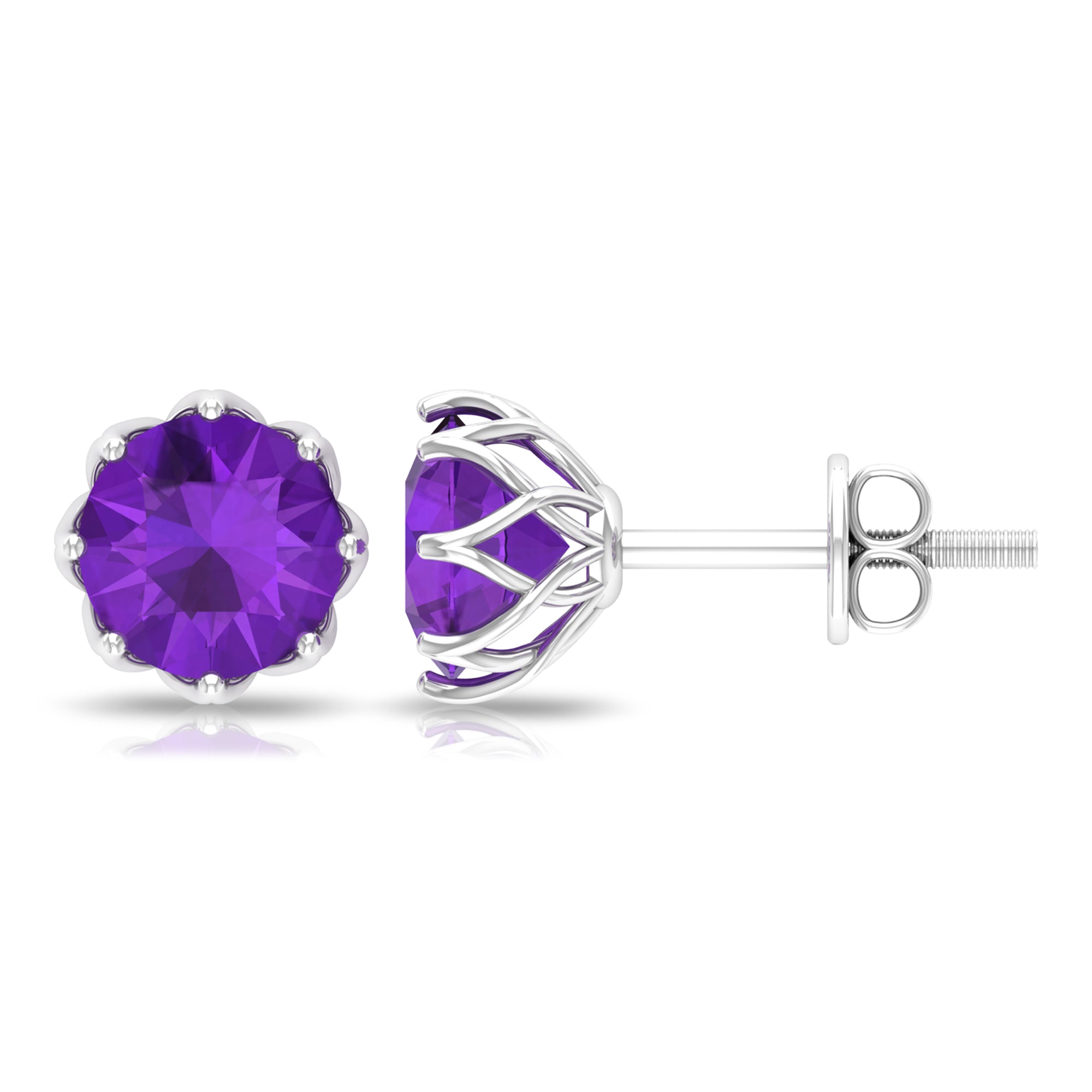 7 MM Decorative Amethyst Solitaire Stud Earrings Amethyst - ( AAA ) - Quality - Rosec Jewels