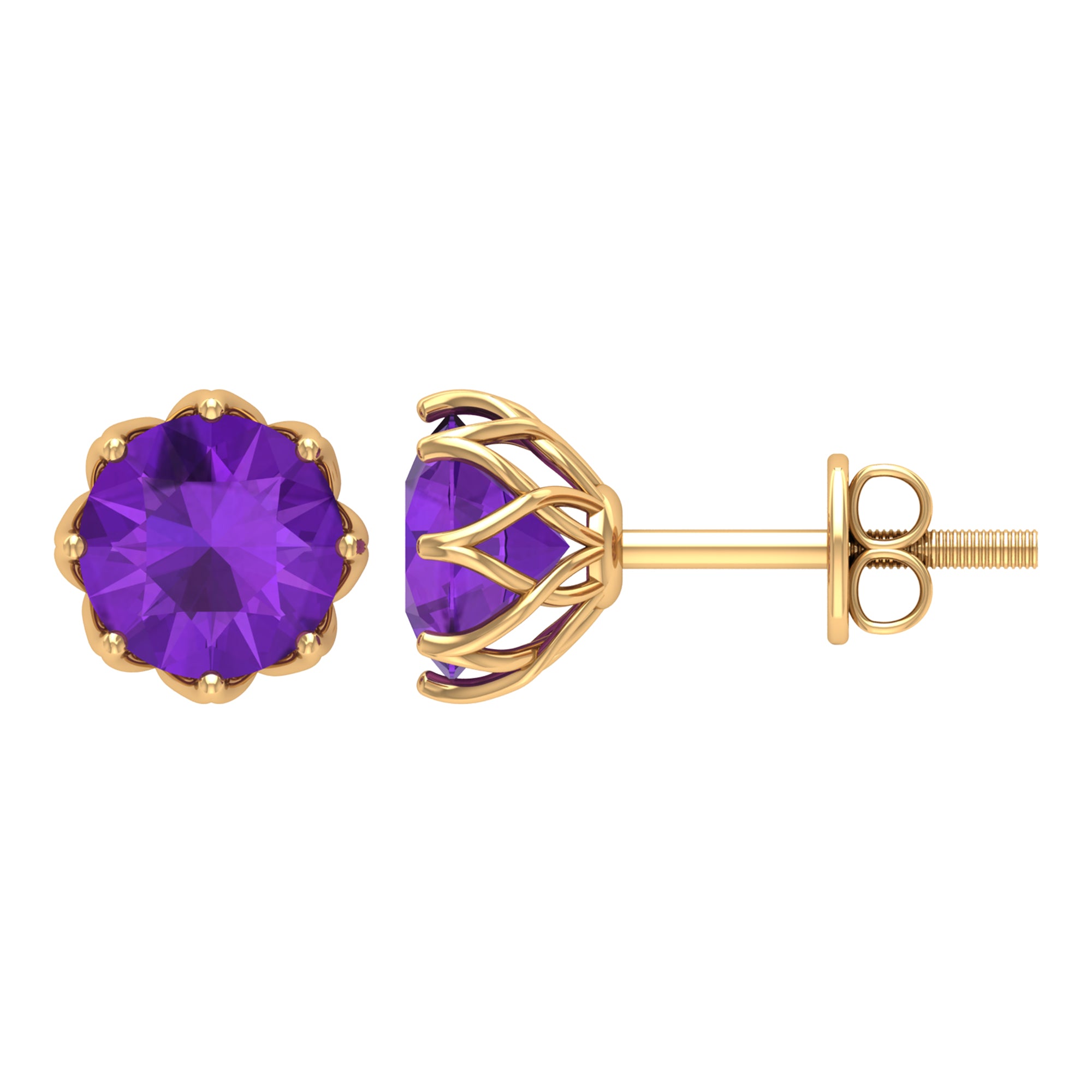 7 MM Decorative Amethyst Solitaire Stud Earrings Amethyst - ( AAA ) - Quality - Rosec Jewels