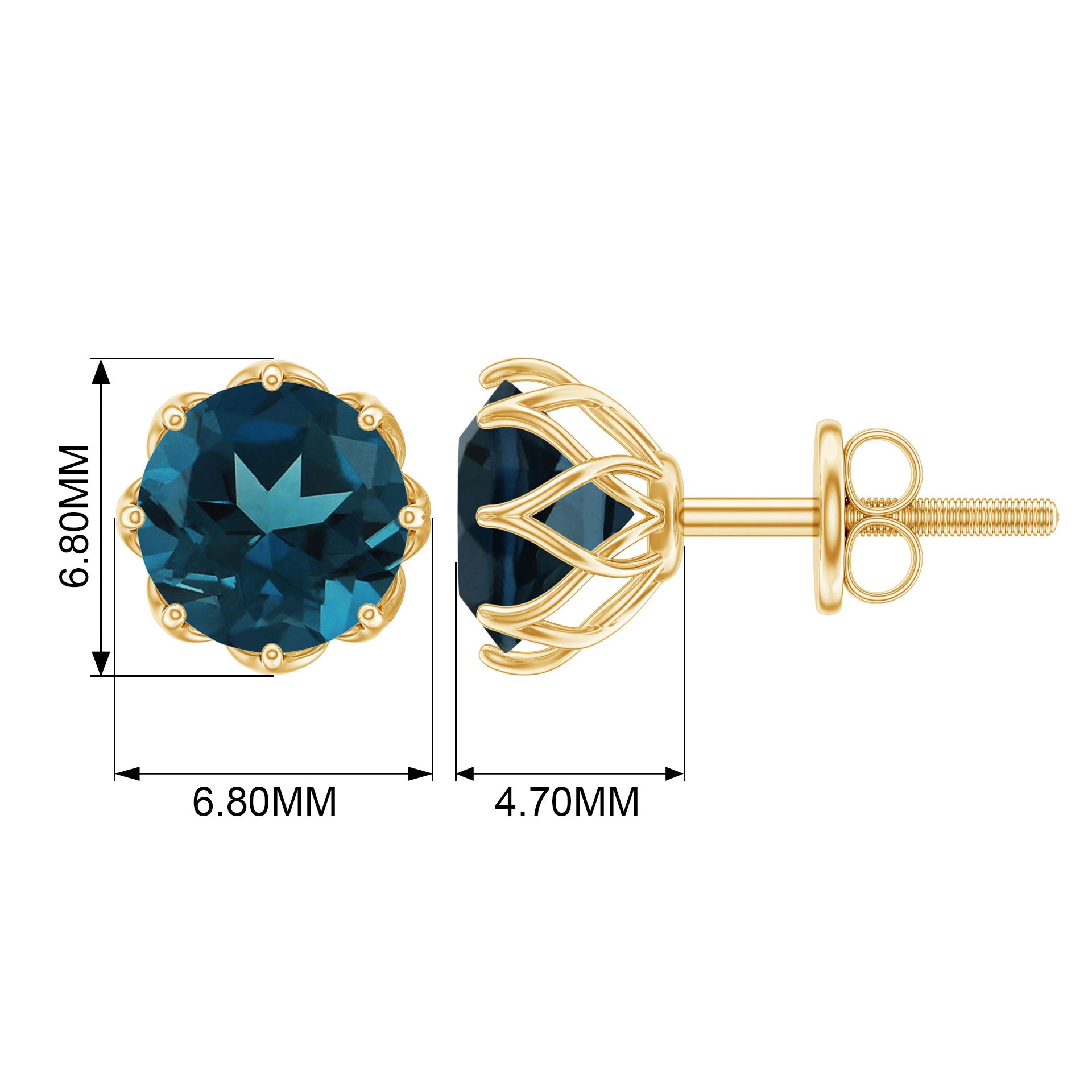 Round London Blue Topaz Solitaire Stud Earrings in Decorative Setting London Blue Topaz - ( AAA ) - Quality - Rosec Jewels