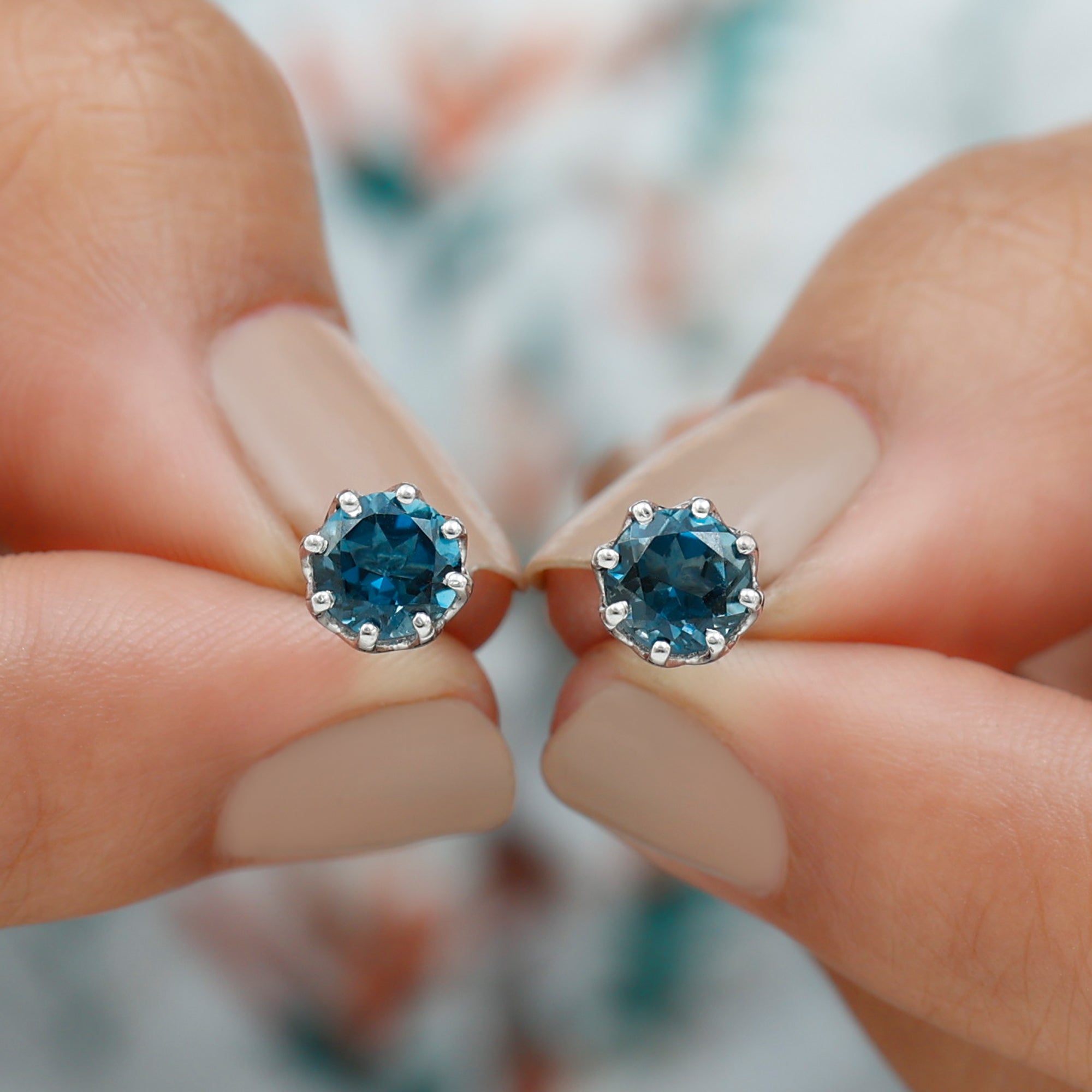 Round London Blue Topaz Solitaire Stud Earrings in Decorative Setting London Blue Topaz - ( AAA ) - Quality - Rosec Jewels