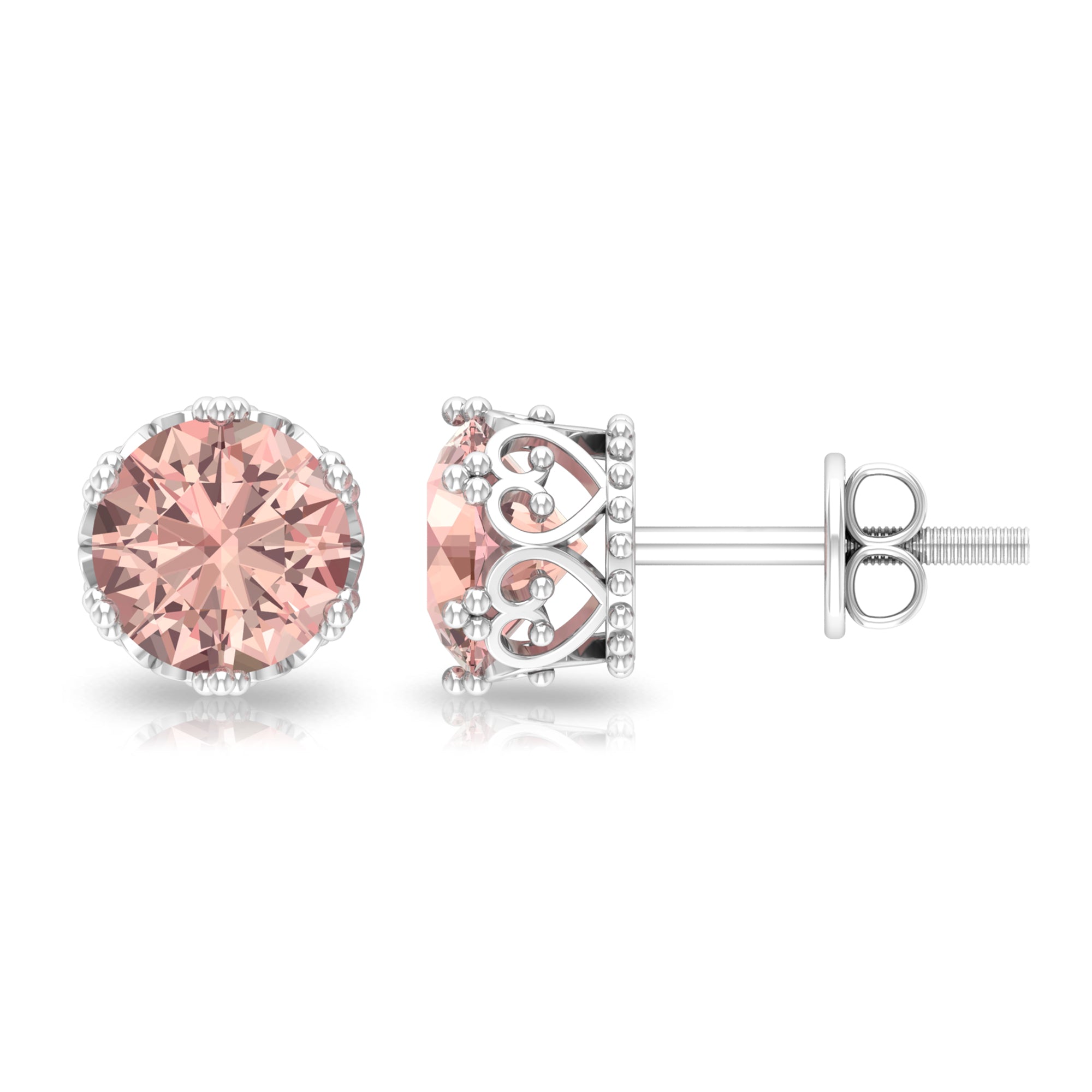 6 MM Crown Set Morganite Solitaire Stud Earrings Morganite - ( AAA ) - Quality - Rosec Jewels