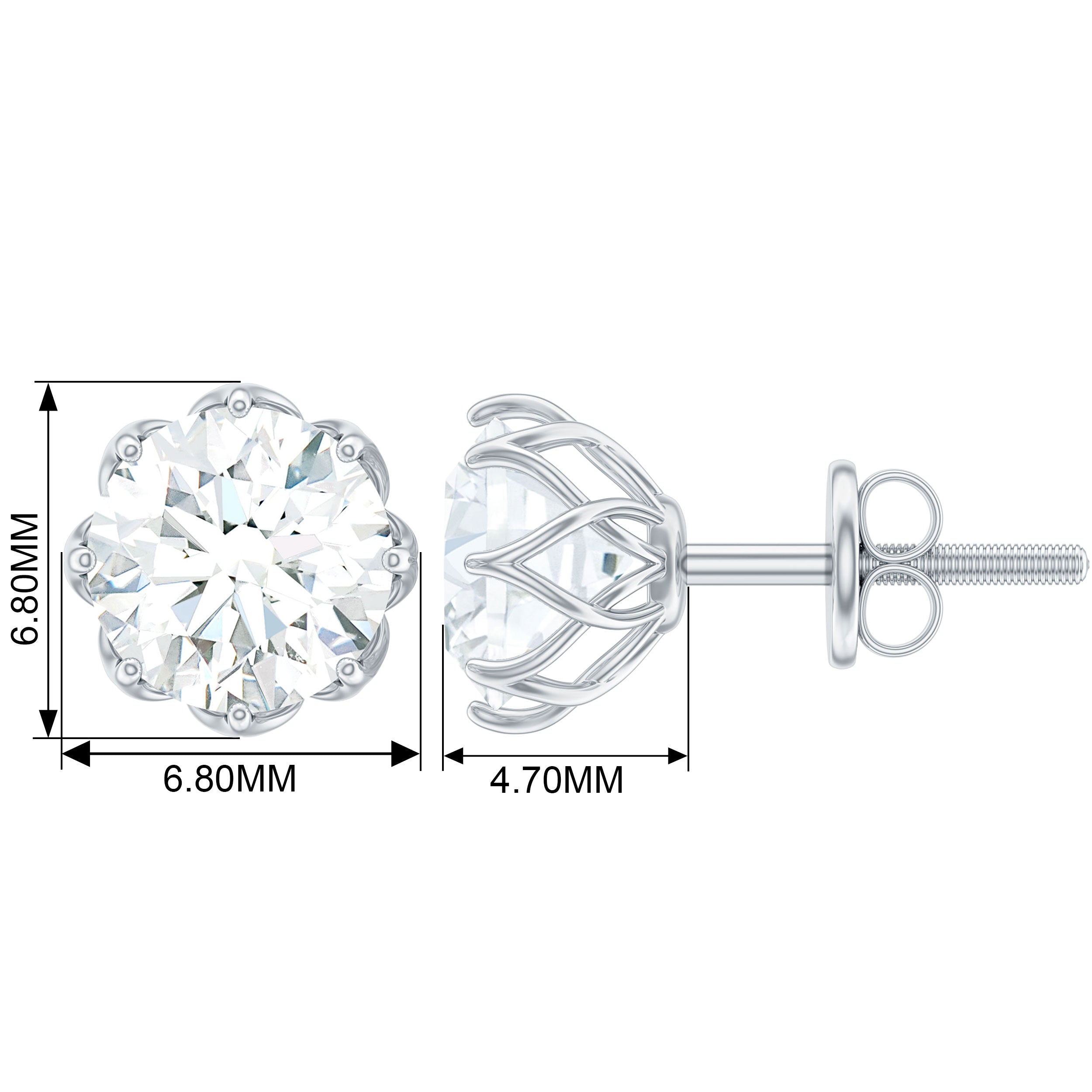 Round Certified Moissanite Solitaire Stud Earrings in Decorative Setting Moissanite - ( D-VS1 ) - Color and Clarity - Rosec Jewels