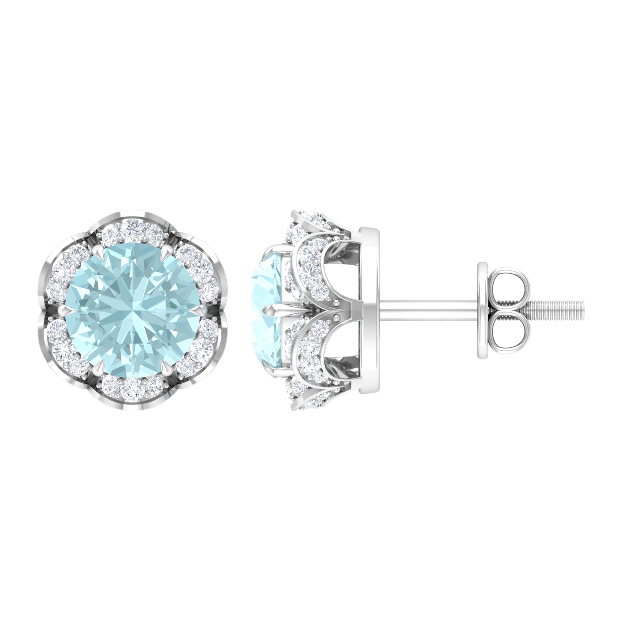 Sky Blue Topaz Flower Stud Earrings with Diamond Sky Blue Topaz - ( AAA ) - Quality - Rosec Jewels