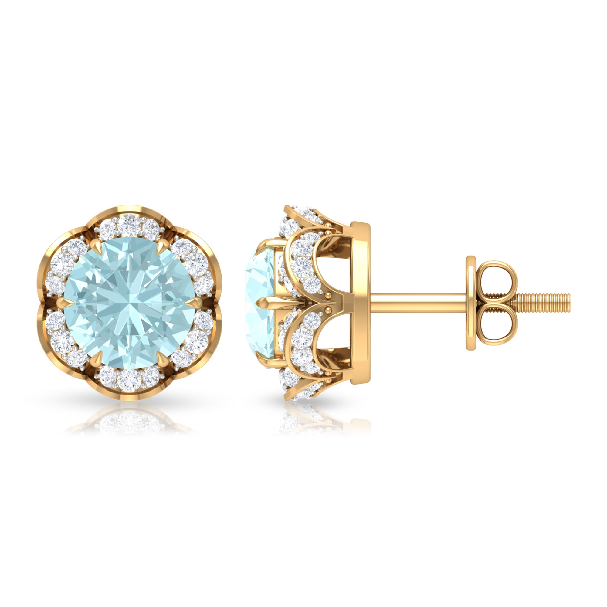 Sky Blue Topaz Flower Stud Earrings with Diamond Sky Blue Topaz - ( AAA ) - Quality - Rosec Jewels