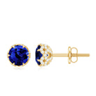 Designer Created Blue Sapphire Solitaire Stud Earrings with Diamond Accent Lab Created Blue Sapphire - ( AAAA ) - Quality - Rosec Jewels