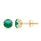 5 MM Created Emerald Solitaire and Diamond Floral Stud Earrings Lab Created Emerald - ( AAAA ) - Quality - Rosec Jewels