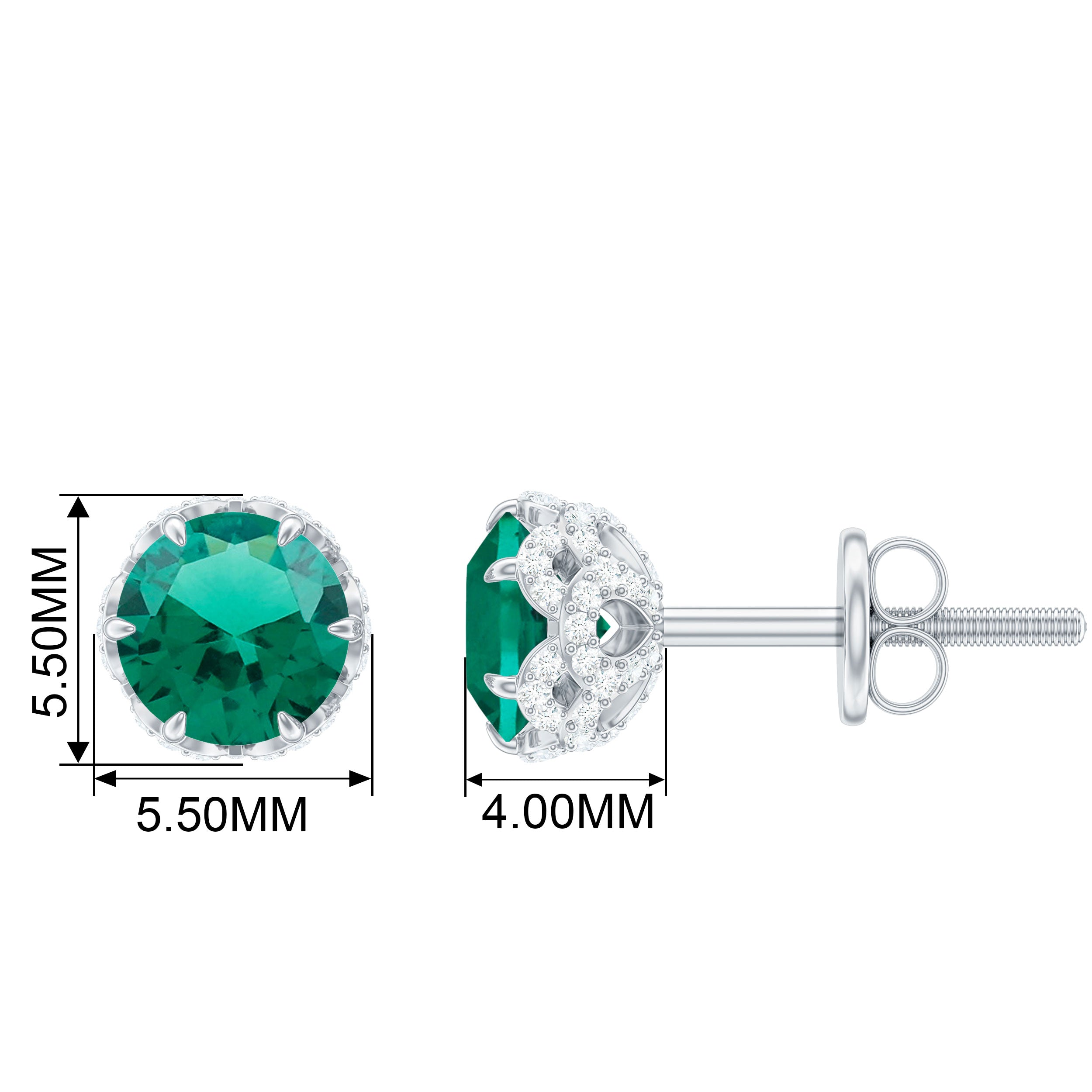 5 MM Created Emerald Solitaire and Diamond Floral Stud Earrings Lab Created Emerald - ( AAAA ) - Quality - Rosec Jewels