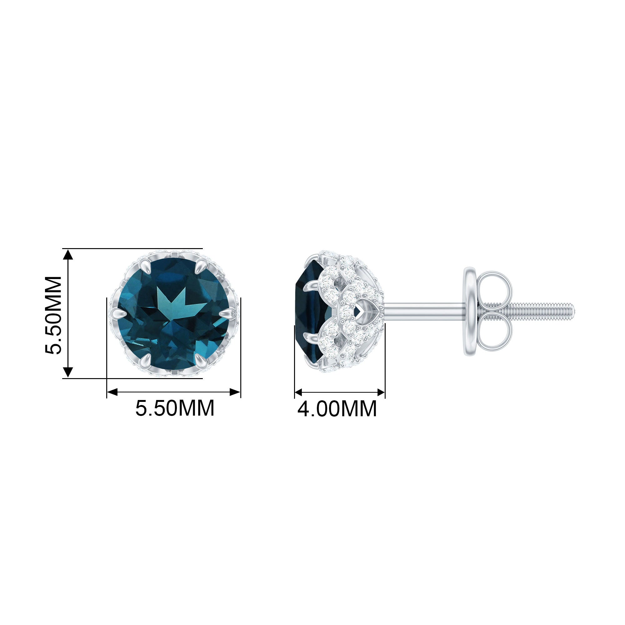 1.5 CT London Blue Topaz Solitaire Stud Earrings with Diamond Accent London Blue Topaz - ( AAA ) - Quality - Rosec Jewels