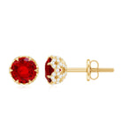 Round Shape Lab Grown Ruby Solitaire Stud Earrings with Diamond Accent Lab Created Ruby - ( AAAA ) - Quality - Rosec Jewels