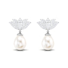 Pave Moissanite Lotus Flower and Freshwater Pearl Drop Earrings Freshwater Pearl - ( AAA ) - Quality - Rosec Jewels