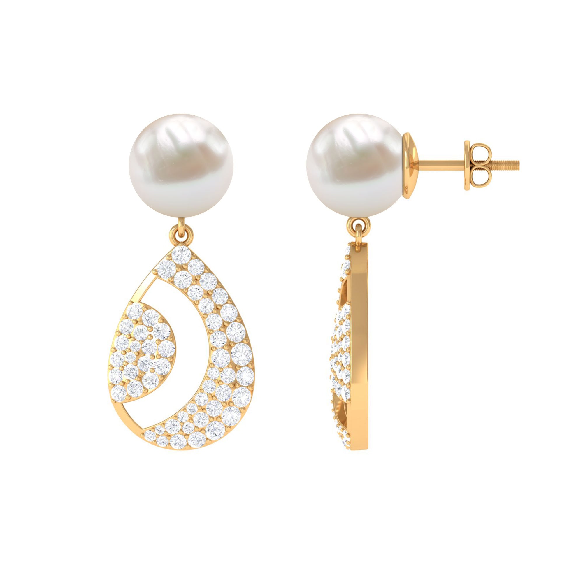 Natural Freshwater Pearl and Moissanite Drop Earrings Freshwater Pearl - ( AAA ) - Quality - Rosec Jewels